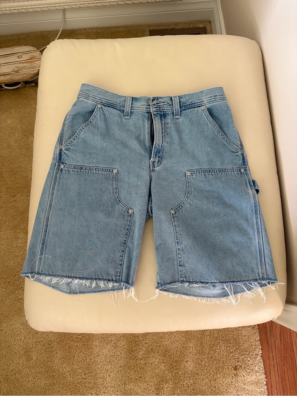 Levi's Light Blue Denim Carpenter Shorts with Frayed Hem